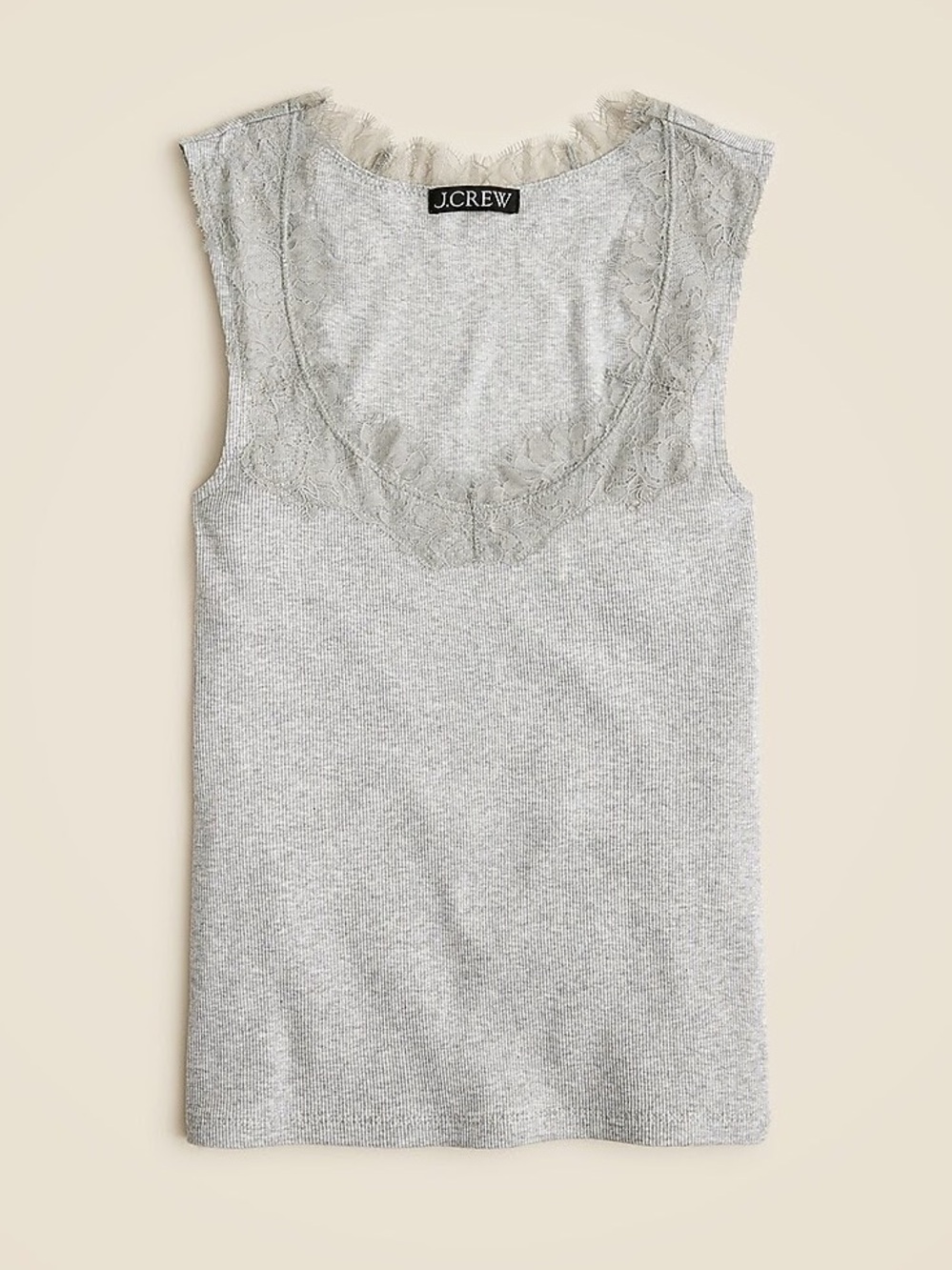 J.Crew Fine Rib Scoopneck Tank Top with Lace Trim in Heather Silver | XL